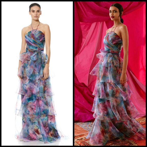 EUC Theia Kimora Halter Watercolor Tiered Gown - Picture 1 of 16